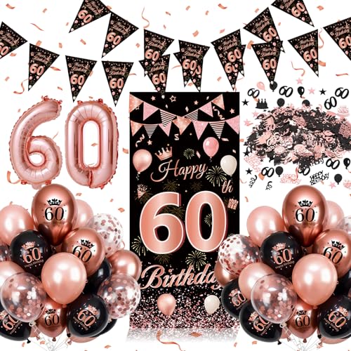 Decoração 60 aniversários, balão de 60 anos mulher ouro rosa preto, decoração de aniversário 60 com 60 bandas, confetes para decorações festa de 60 anos