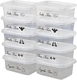Kit 5 Marmitas Fitness com os dias da semana Plásticos Retangulares 500ml com Tampa Vedante | Livre de BPA | Para Marmita, Lanche, Freezer, Micro-ondas e Lava-louças