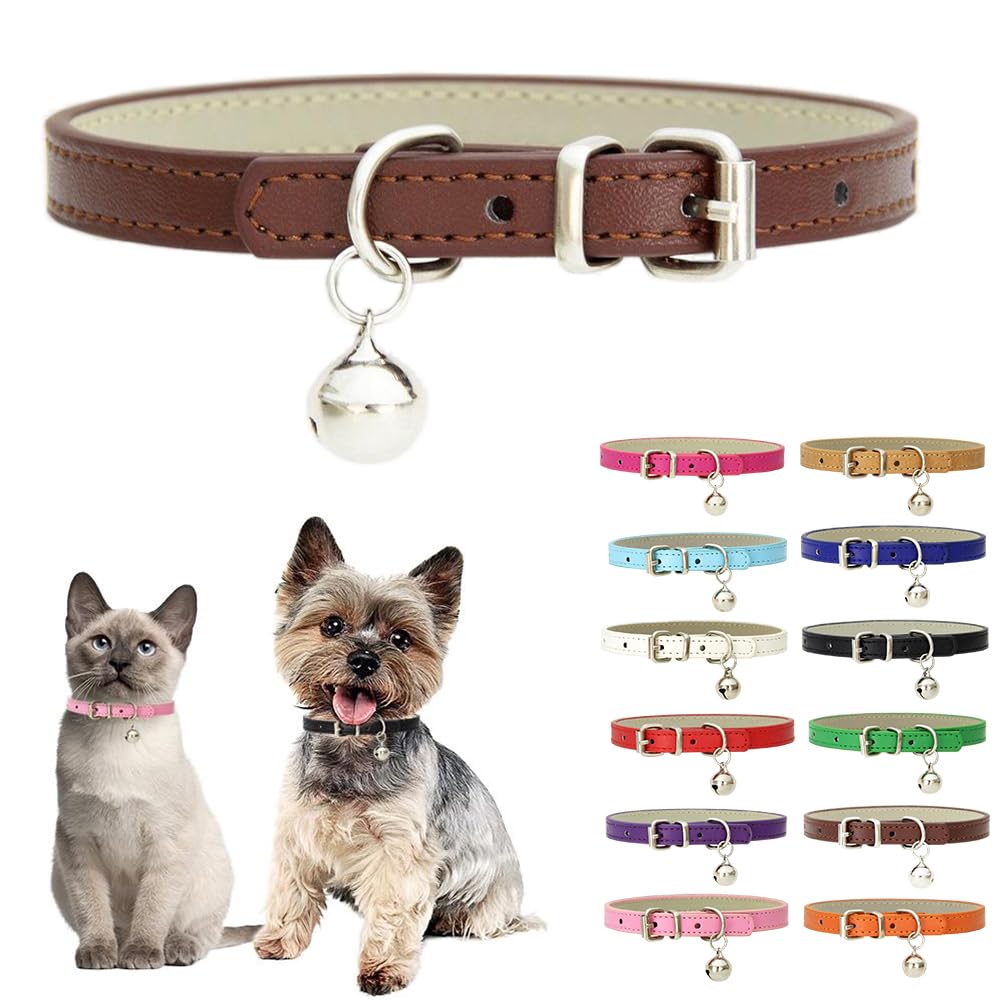 Brown Small Dog Collar with Bell,Soft Pu Leather Female Puppy Collar with Bells Basic Girls Cat Collar with Bells for XXS XSmall Small Medium Pet Cats