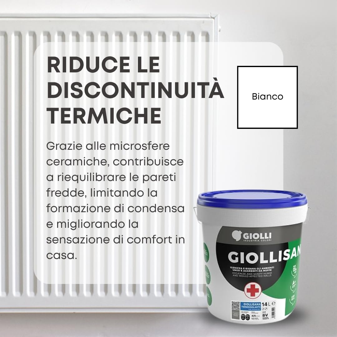 Giolli industria colori | Pittura Antimuffa per Muri Interni Giollisana Termoisolante - Pittura Termica Bianca Anticondensa Traspirante Lavabile - Certificata A+ e Priva di Formaldeide - 14 L