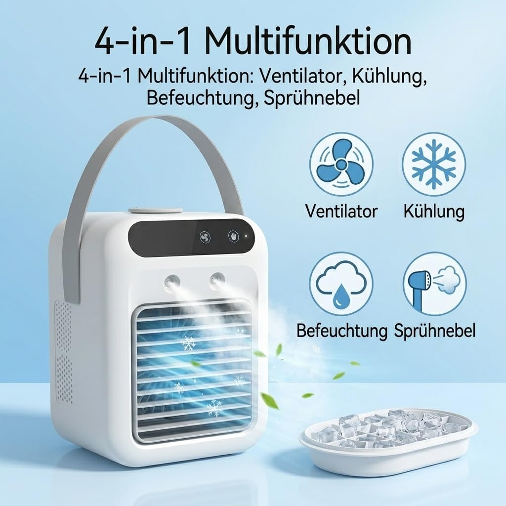 USB Mini Luftkühler mit 500ml Wassertank – Tragbarer Air Cooler mit 10h Kühlung – Leiser Tischventilator mit Befeuchtung – 2 Geschwindigkeiten – Für Zuhause, Büro & Reisen