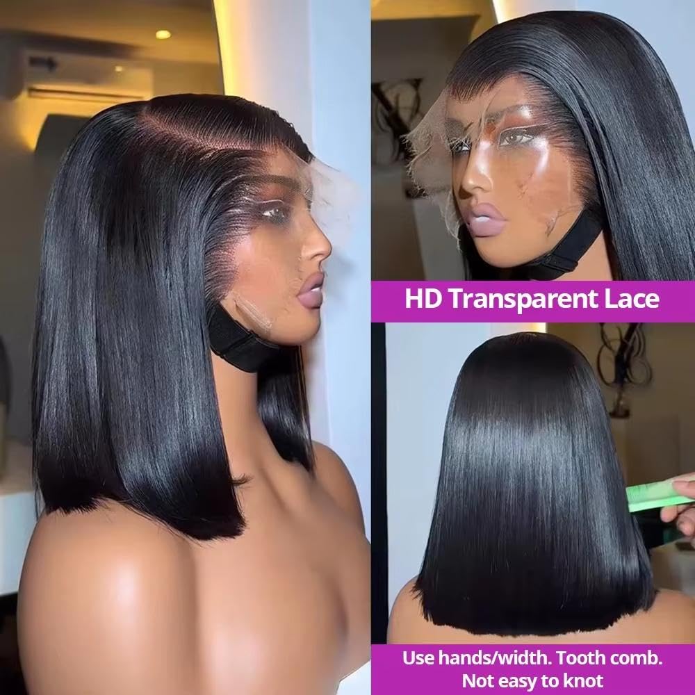 Haarpflege Kurze Gerade Bob-Perücke Mit Spitzenfront Vorgezupftes Echthaar Für Frauen(13x4,150%_10INCHES)