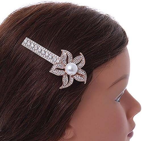 Large Glass Pearl, Clear Crystal Flower Hair Beak Clip/Concord Clip In Rose Gold Tone - 85mm L, white / ivory, gold - Image 4