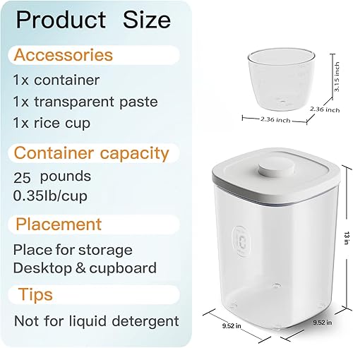 Miniatura 6 de Dispensador de arroz de 20 a 25 libras, contenedor de arroz de 10.5 cuartos de galón  10 L22-25 libras con taza medidora y cepillo, contenedores de