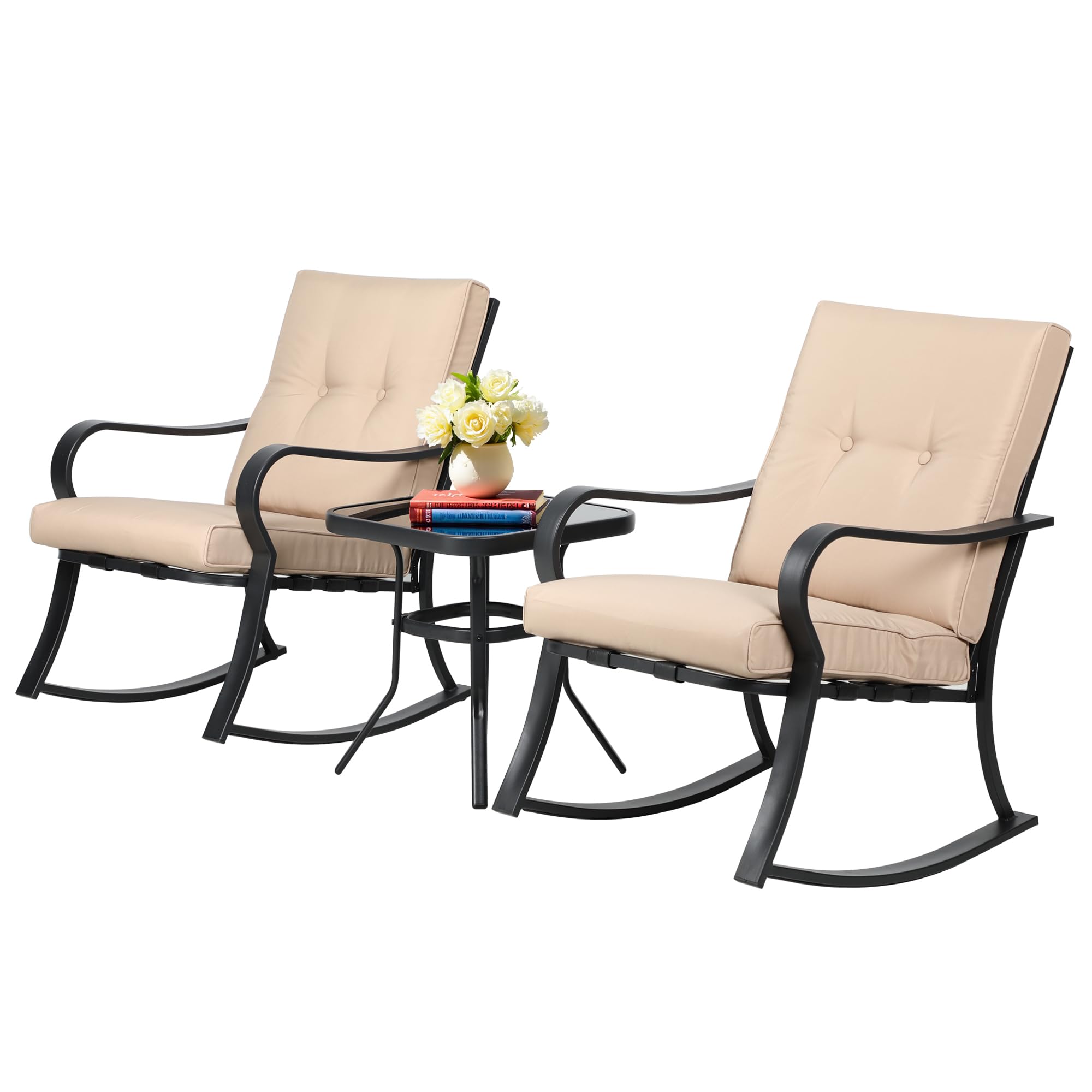 SUNCROWN Outdoor 3-Piece Rocking Chairs Patio Bistro Set Black Steel Furniture with Thickened Cushion and Glass-Top Coffee Table, Brown