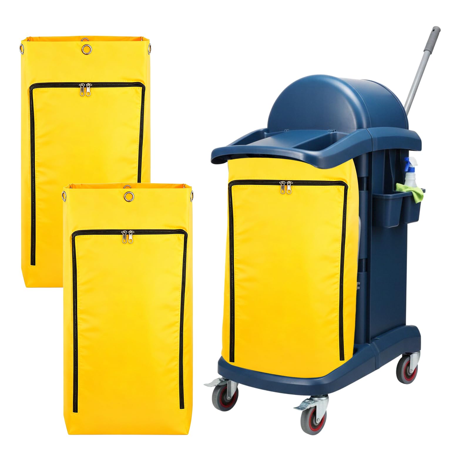 3 Pcs Replacement Janitorial Cleaning Cart Bag with Front Zippered 26.5 x 15.5 x 10.5 Inch 24 Gallon Large Yellow Capacity Cleaning Bags for Commercial Housekeeping Carts