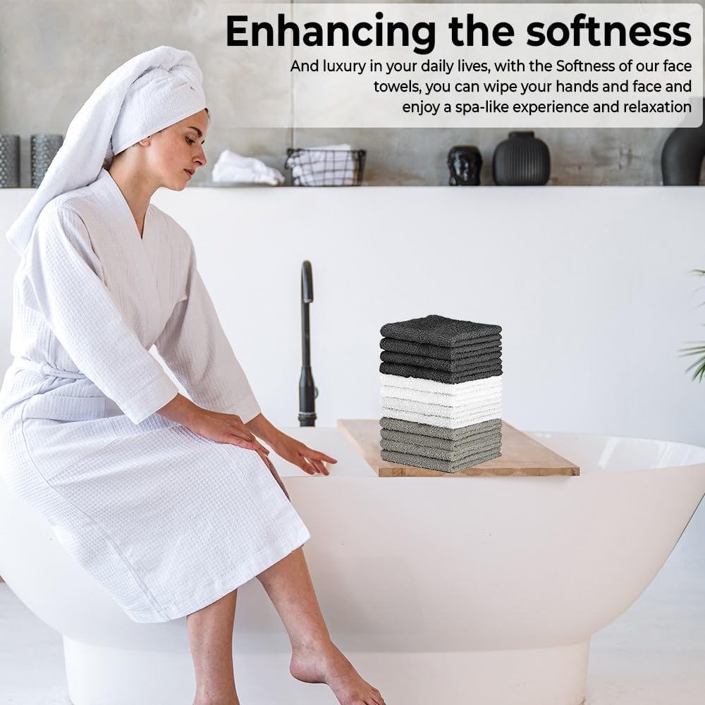 100% Cotton Washcloth Set – Soft, Absorbent Face Towels for Bathroom & Gym Use –Reusable, Durable & Machine Washable - Dark Grey, White & Light Grey, 12x12 Inches, Pack of 12 - Image 4