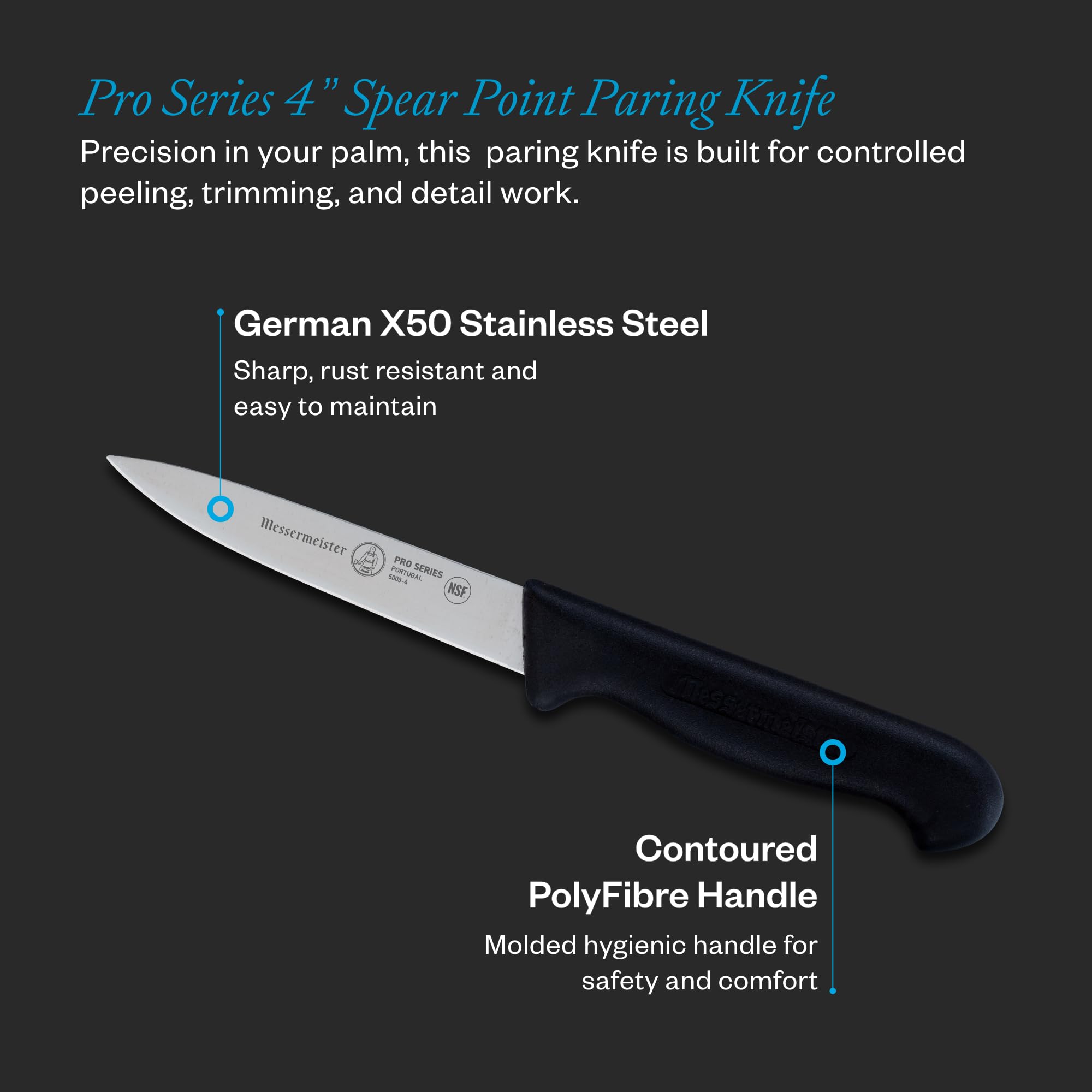 Messermeister Pro Series 10,2 cm Spear Point Schälmesser – Deutscher X50 Edelstahl & NSF-zugelassener Polyfaser-Griff – 15-Grad-Kante – rostfrei und pflegeleicht – hergestellt in Portugal
