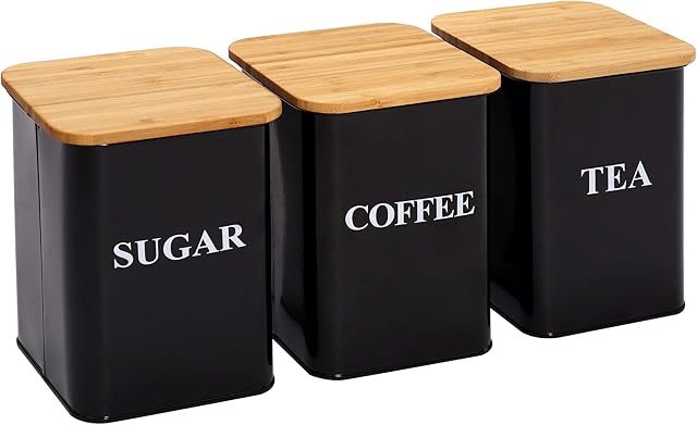 Morezi 3 Pack Kitchen Canisters Set Tea Coffee Sugar Kitchen Tins Storage Set - Wooden Airtight Lids - Countertop Storage - Saving, Carbon Steel Safty - Black