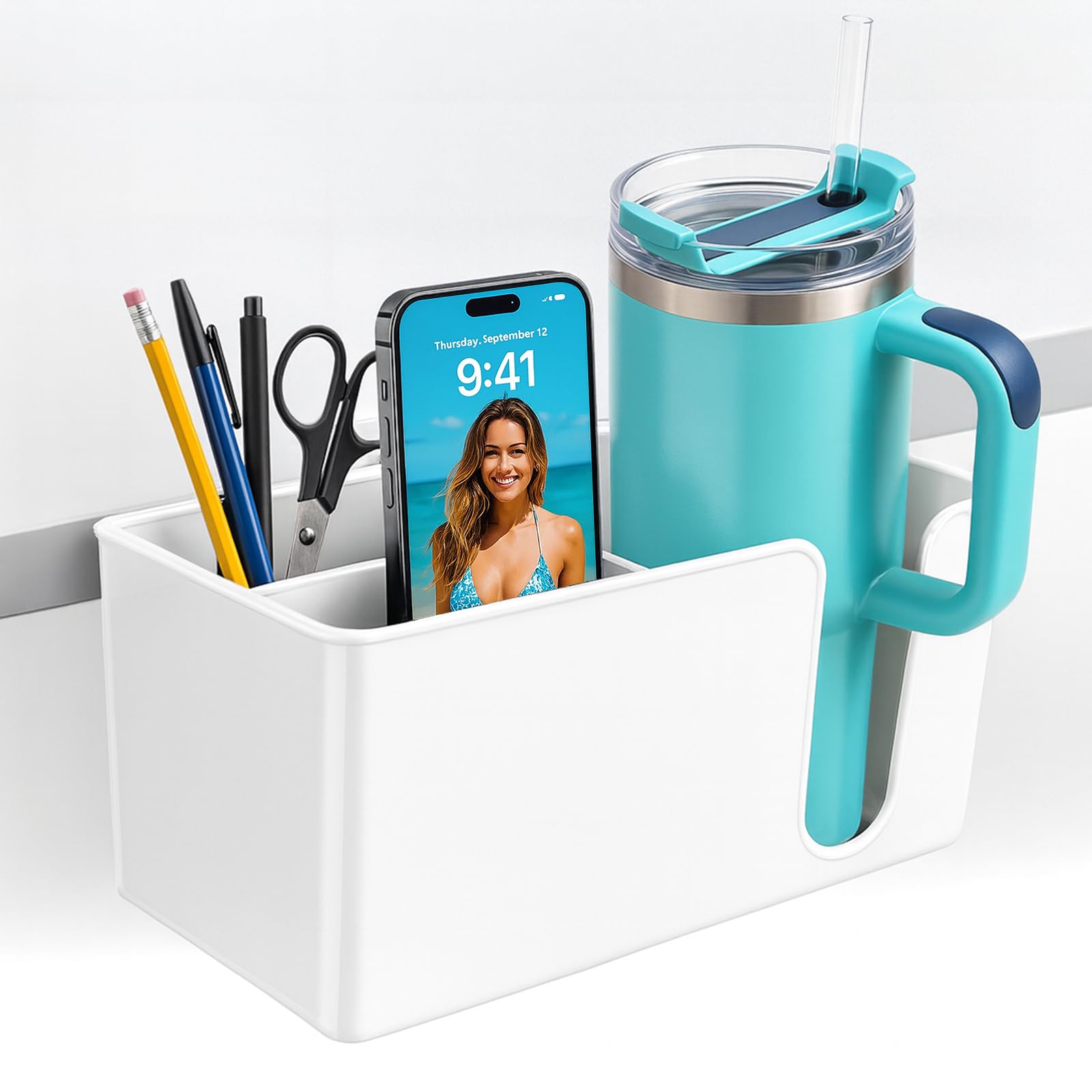 OOKUU 3-in-1 Desk Organizer - Large Desk Cup Holder Clamp, Pencil Holder and Phone Stand - Detachable Anti-Spill Table Cup Holder, Office & PC Gaming Desk Accessories for Cup, Phone and Pen (White) White 3 in 1, Large, 7.87"×3.8" 1