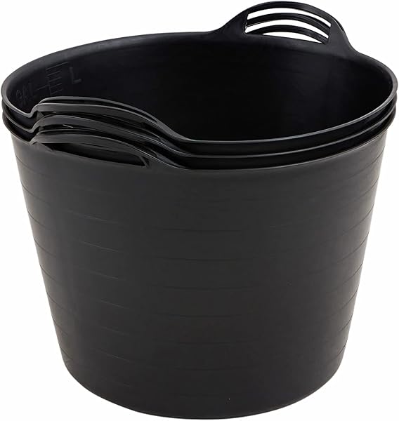 BiGDUG Plastic Flexi Tubs (42 Litre) - Pack of 3 - Black - Heavy Duty Trugs Flexible Storage Bucket - Multi Purpose Round Container - 1