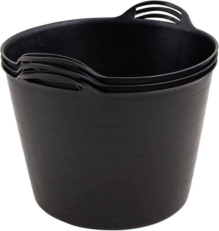 BiGDUG Plastic Flexi Tubs (42 Litre) - Pack of 3 - Black - Heavy Duty Trugs Flexible Storage Bucket - Multi Purpose Round Container