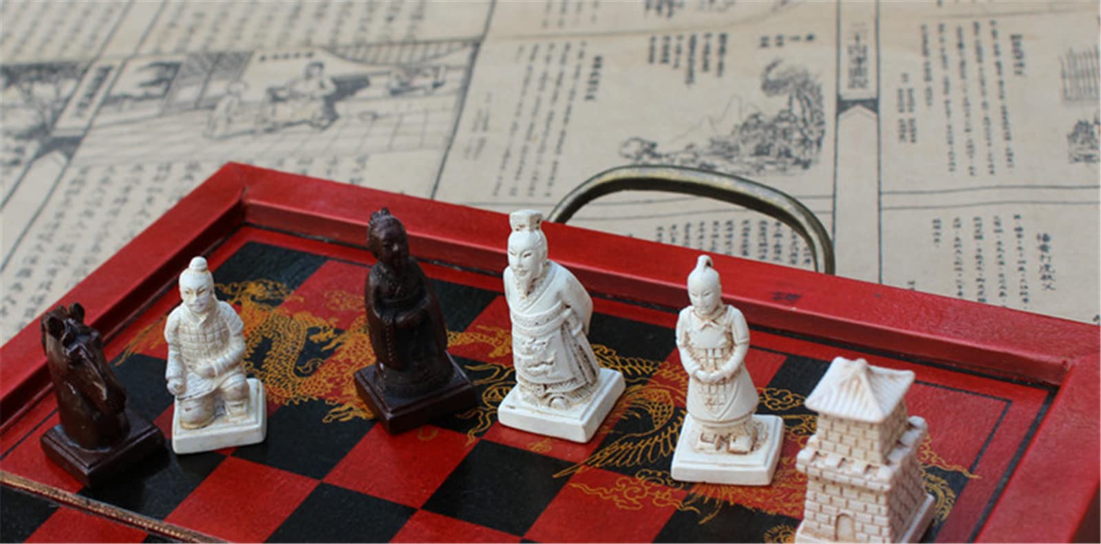 Jeu D'échecs Chinois Vintage En Terre Cuite - 32 Pièces + Plateau Bois - S2X0