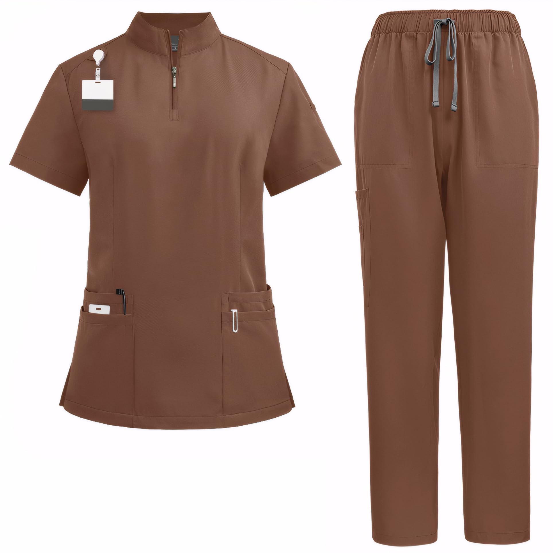 ThreeH Scrub Tops zestaw spodni dla mężczyzn i kobiet, medyczne mundury opieki zdrowotnej, stójka, top z krótkim rękawem i paskiem, spodnie joggery z wieloma kieszeniami