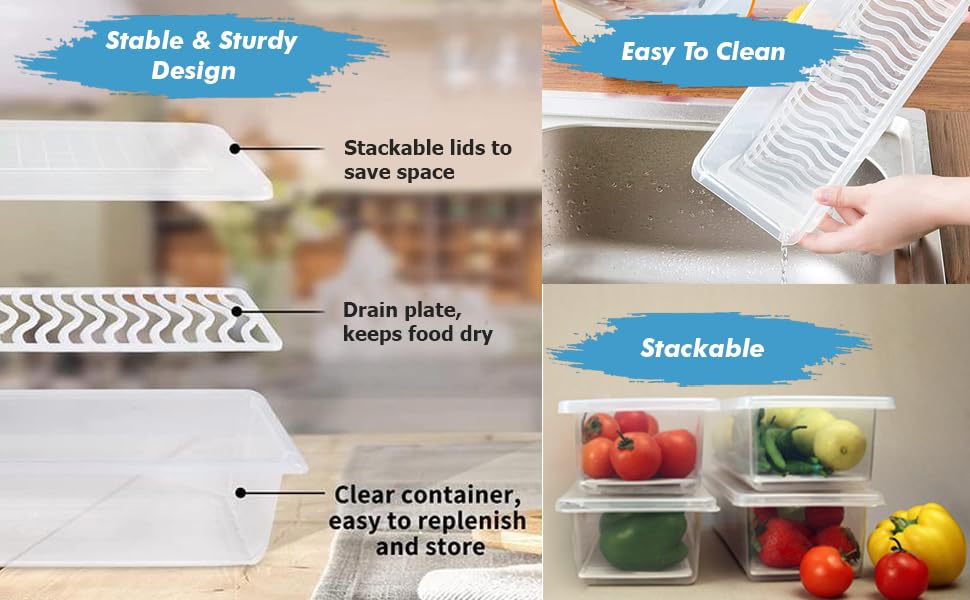 Image of Fridge Organizer Boxes Set of 6, With Drain Plate 1500ML Refrigerator Storage Containers with Blue Lids & Stackable Design for Fruits, Vegetables & Kitchen Use
