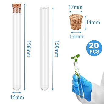 Pack of 20 Plastic Test Tubes with Corks, 16 x 150 mm Transparent Test Tubes, Laboratory Tubes, Test Tubes, Vase for Flowers, Spices, Liquids, Spices, DIY