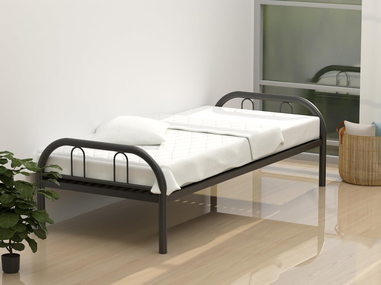 Mahmayi Teras 77 Single Bed, Heavy Duty Metal Bed Frame with Headboard & Footboard, Large Under Bed Storage Ideal for Bedroom Home Living Room, Metal Bedframe No Box Spring Needed