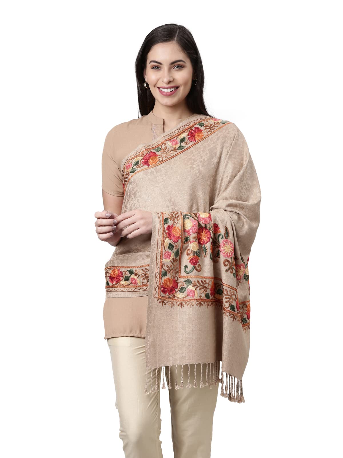 Women's Kashmiri Aari Embroidery Stole, Shawl, & Wrap(Size: 28X80 Inches) V16, Beige, Free Size