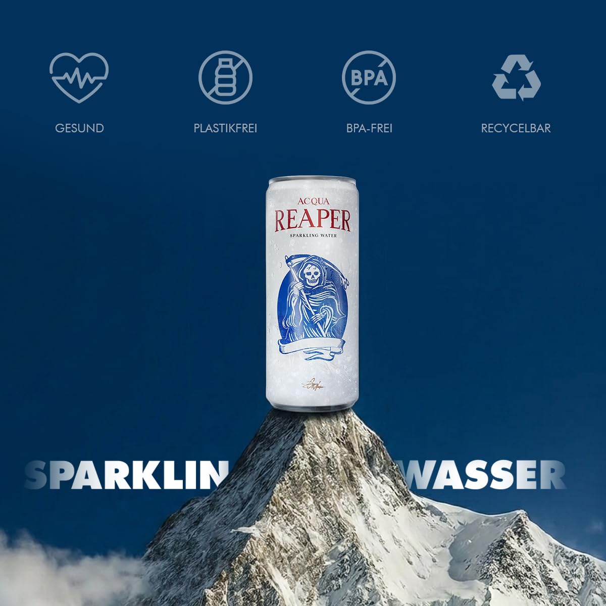Acqua Reaper Sparkling Water 24er Pack | Natürliches Alpenwasser mit Kohlensäure – Sprudel Mineralwasser in Aluminium Getränkedosen (24 x 0,33l Dose) – Ohne Zucker & Inkl. Pfand EINWEG