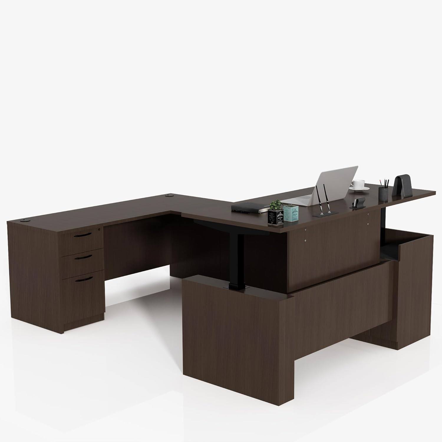 100.4'' Height Adjustable U-Shaped Executive Desk with 3-Drawer File Cabinet and Shelves (Espresso-U)