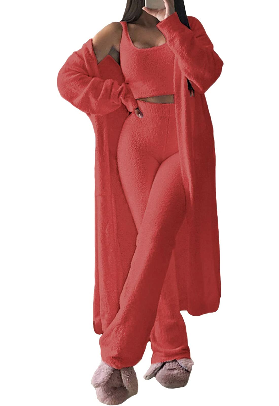 Fixmatti Women's Fuzzy 3 Piece Sweatsuit Open Front Cardigan Crop Tank Tops Wide Legs Pants Lounge Sets
