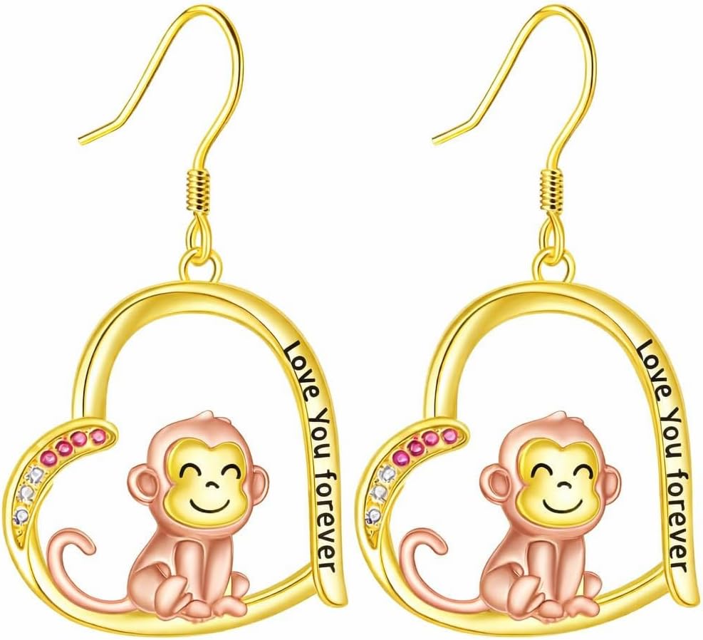 Heart-Shaped Animal Dangle Earrings, Monkey and Koala, Stainless Steel with Rhinestones, Banana Charm, Birthday or Party Gift