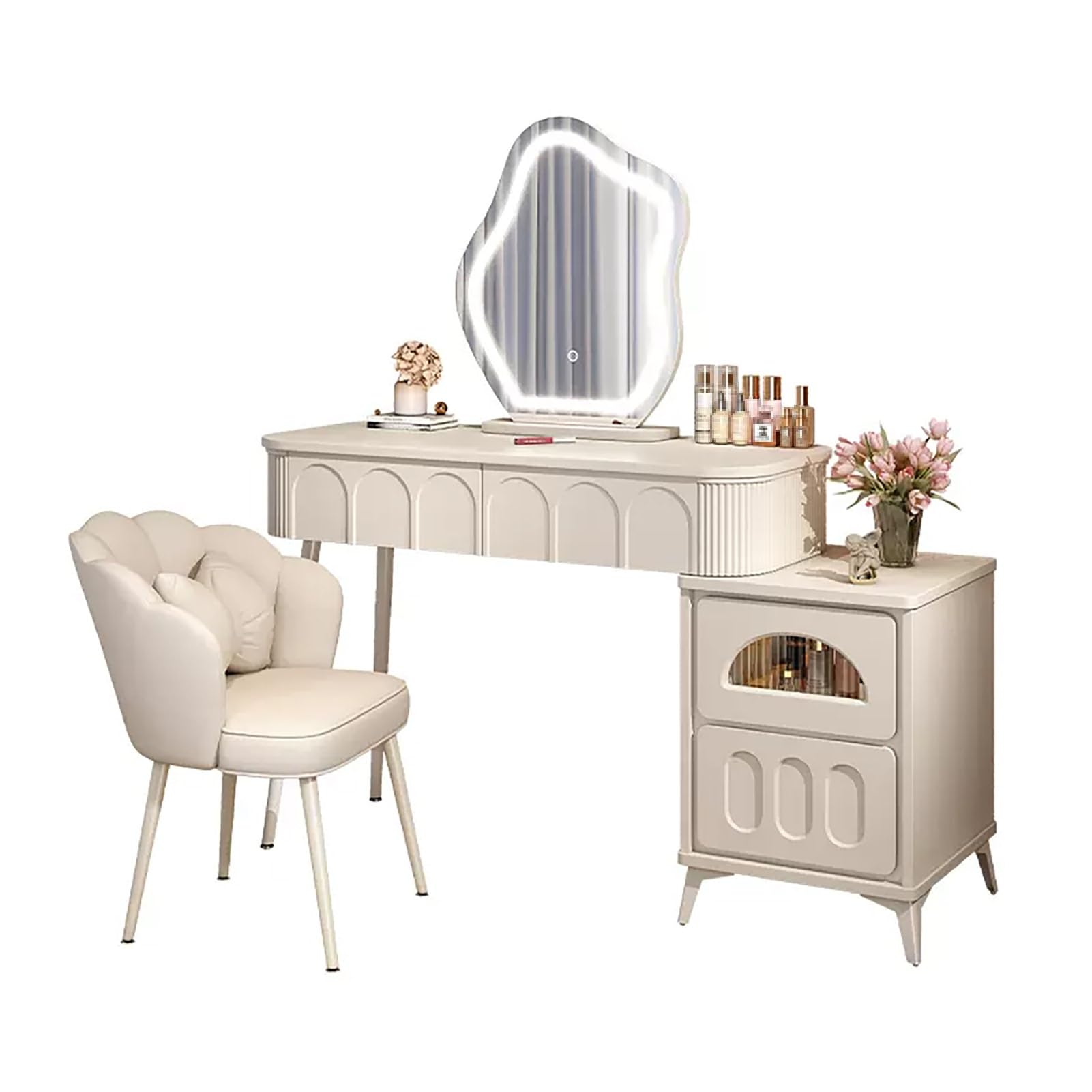 CGCSYZ Makeup Vanity Desk, Makeup Dressing Table, with Cloud-shaped LED Makeup Mirror, Women Vanity Table, Makeup Table with Upholstered Chair, Vanity Set with Adjustable Side Cabine(35.4in/90cm)