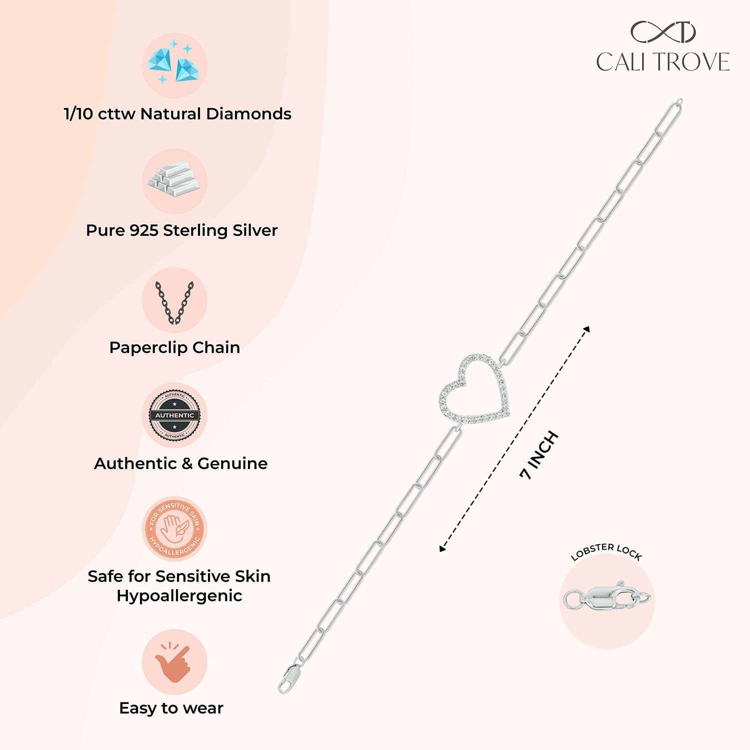 Cali Trove Diamond Heart Paperclip Bracelet for Women | 1/10 Ct Natural Diamonds | 925 Sterling Silver | Open Heart Center | Trendy Paperclip Chain | Lobster Clasp | Modern Statement Jewelry