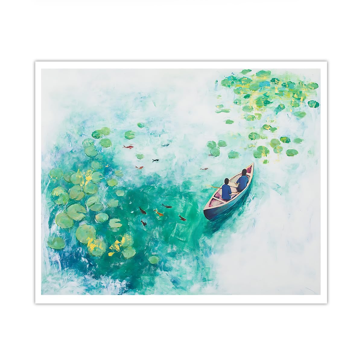 SHENGPOSTER Minimalist Lotus Pond Canvas Wall Art Koi Fish Lake Painting Vibrant Green Lily Pad Wall Poster Abstract Romantic Nature Artwork Pictures Frameless 50x65cm