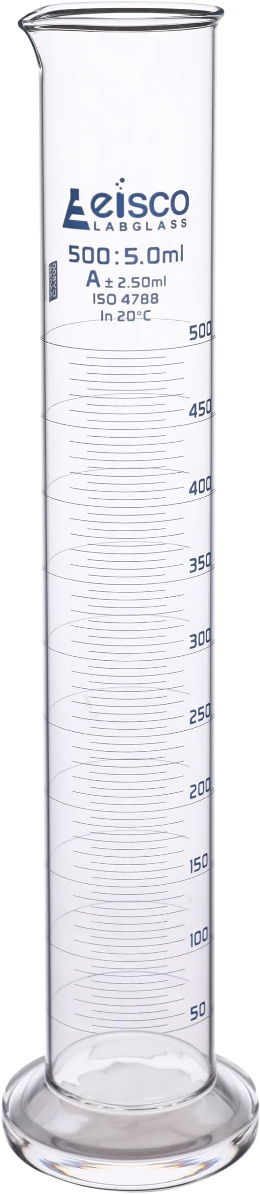 Graduated Cylinder, 500ml - Class A Tolerance ยฑ2.50ml - Round Base - Blue Graduations - Borosilicate 3.3 Glass - Eisco Labs