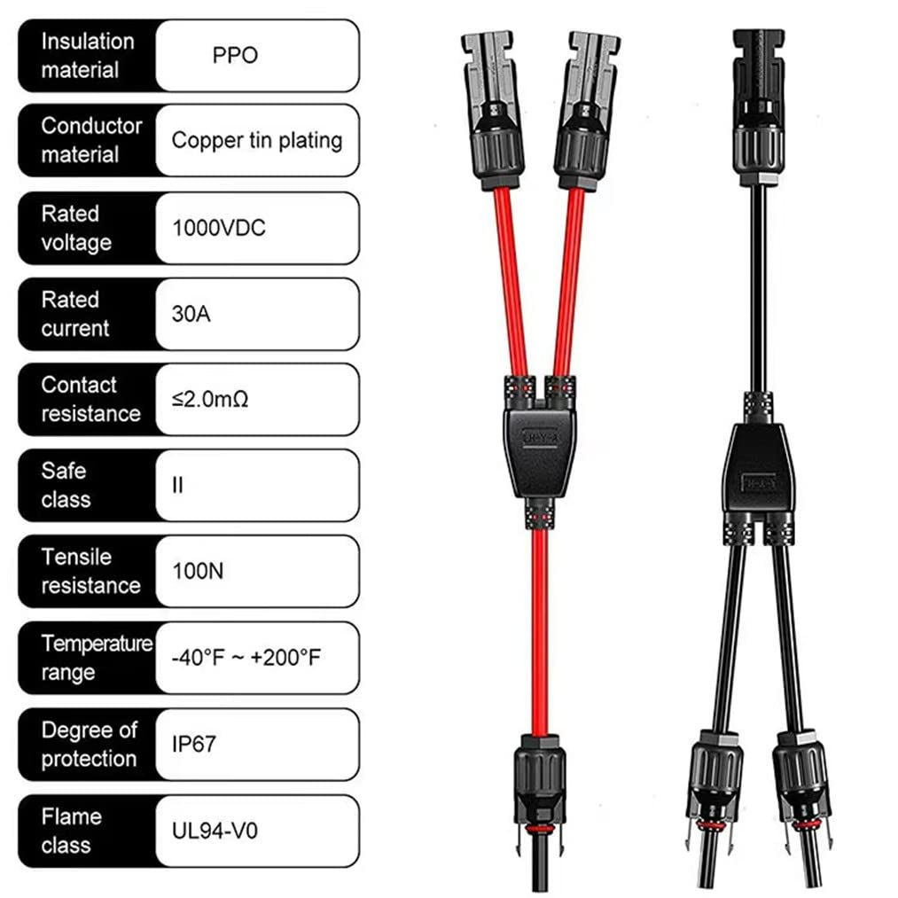 Kabel solarny rozdzielacz Y, 1 para wtyczek do paneli słonecznych, kabel fotowoltaiczny, przyłącze solarne, rozgałęźnik Y, adapter równoległy do instalacji solarnej, gotowy do podłączenia 30 A