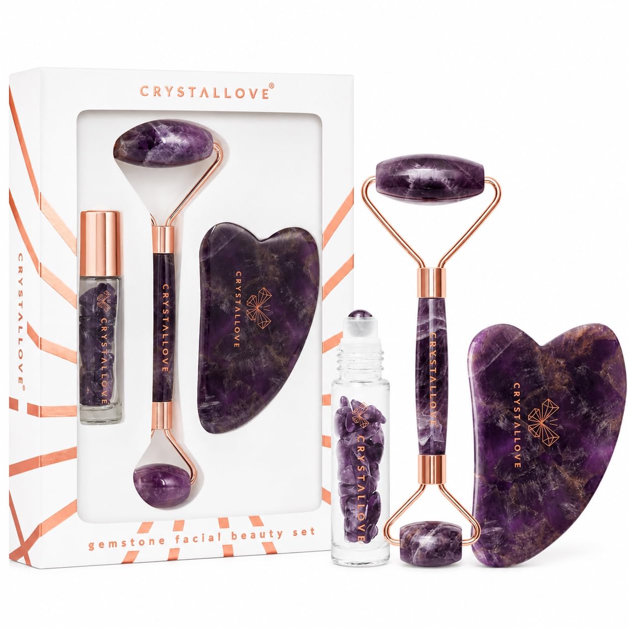 CRYSTALLOVE Amethyst Beauty Set, Gesichtsroller & Gua Sha Stein aus 100% natürlichem Amethyst, Jade Roller Alternative, Gesichtsmassage Set mit Roll-on Flasche 10 ml, Geschenkset für Frauen