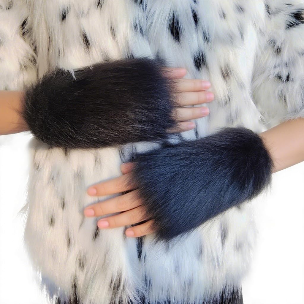 Fluffy Faux Fur Wrist Warmers Half-finger Winter Party Gloves for Women, Plush Fingerless Gloves Touchscreen Gloves Typing Working Writing Driving Fluffy Evening Party Fancy Dress (Black, One Size)