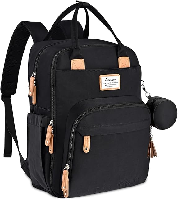 RUVALINO Baby Changing Bag with Pacifier Bag, Multifunction Baby Diaper Bag Travel Back Pack with Changing Mat for Mom and Dad (Black)
