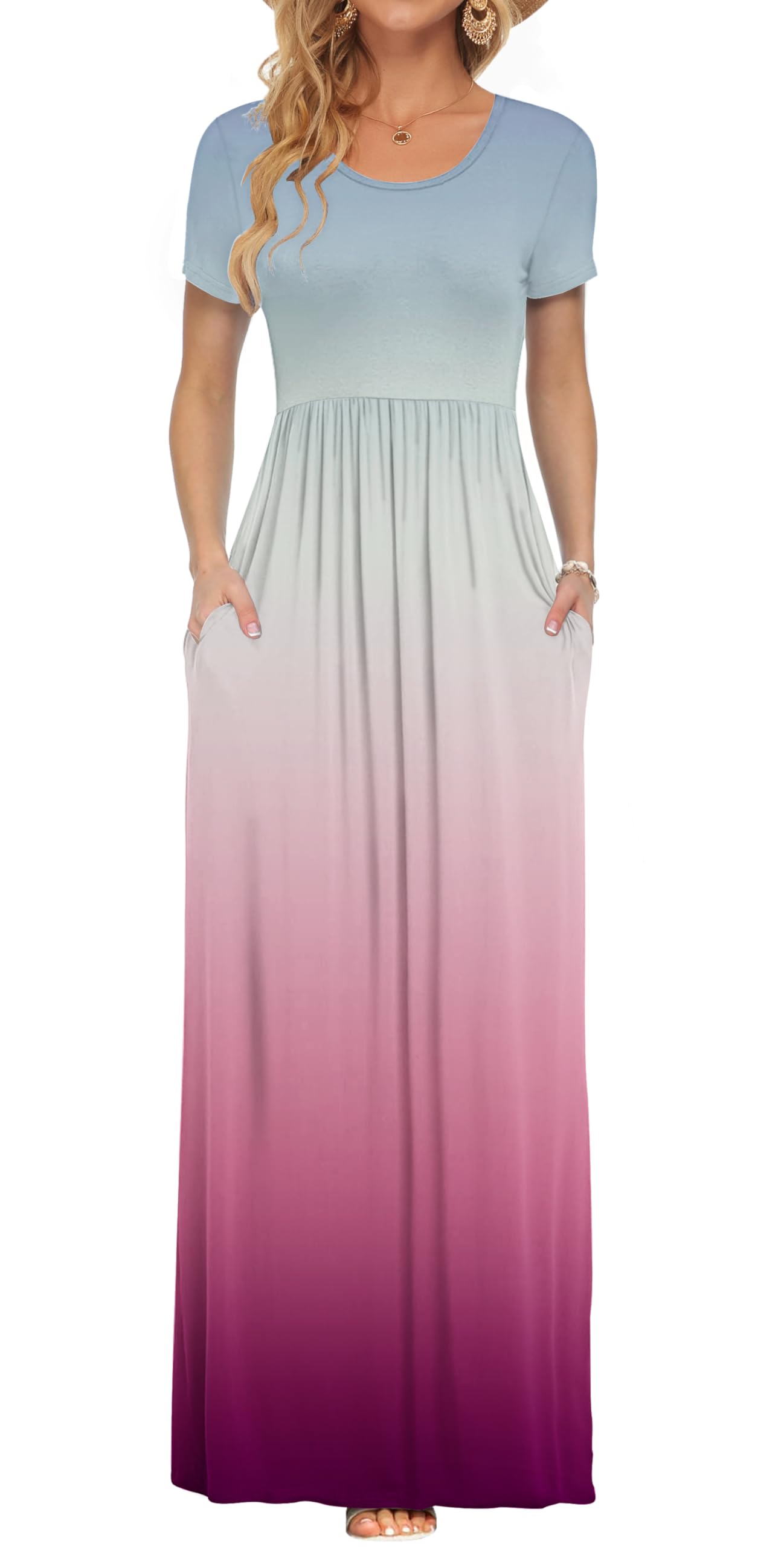 AUSELILY Women's Summer Short Sleeve Loose Plain Casual Long Maxi Dresses | Year Round wear solid floral print, Casual wear, Empire waist, Floor length, Side pockets