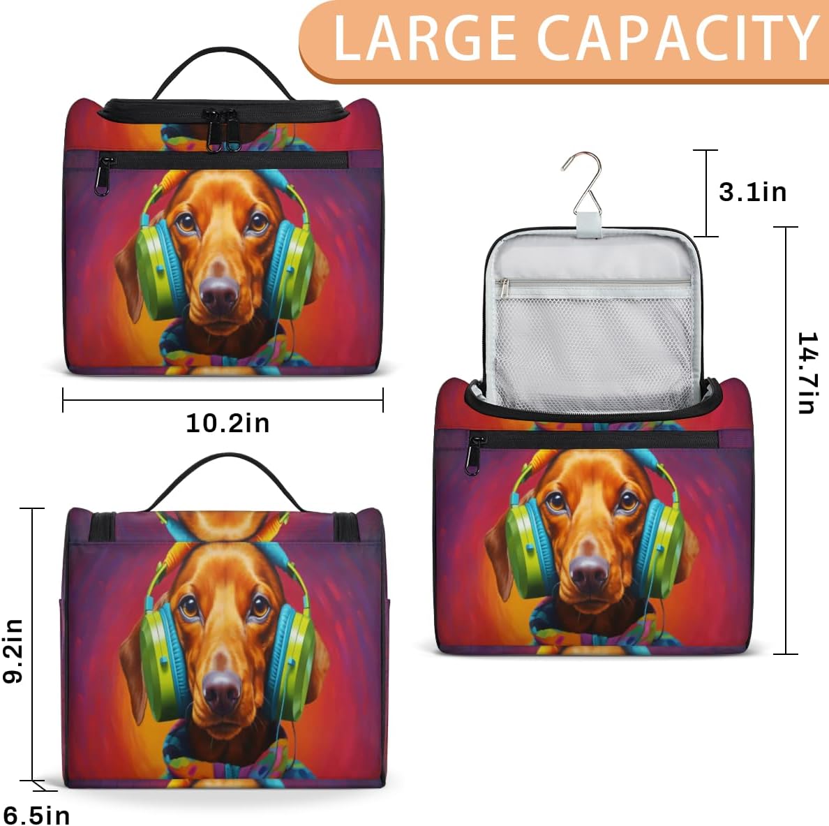 Dachshund Dog With Headphones Pattern Hanging Toiletry Bag with Hook, Makeup Organizer Travel Wash Bag Functional and Stylish Cosmetic Case for Women Men