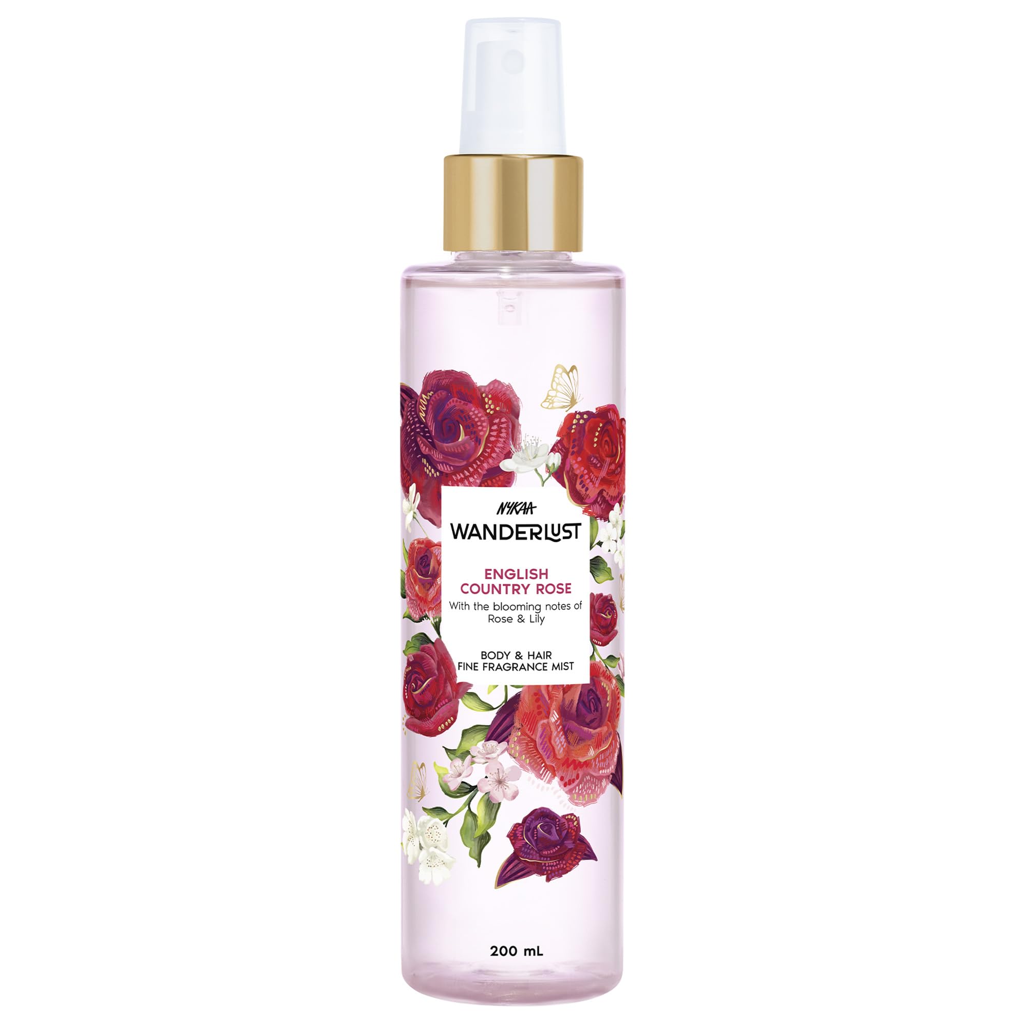 Nykaa Wanderlust English Country Rose Body & Hair Fine Fragrance I | Perfume Mist for Women – 200 ml I Rose & fresh Lilly | | Long–Lasting, Travel‐Friendly, Vegan,Paraben‐Free, IFRA Certified