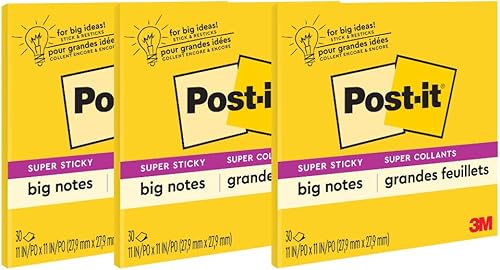 Post-it Super Sticky Big Notes BN11, 11 pulgadas x 11 pulgadas (11.0 in x 11.0 in), amarillo, paquete de 3