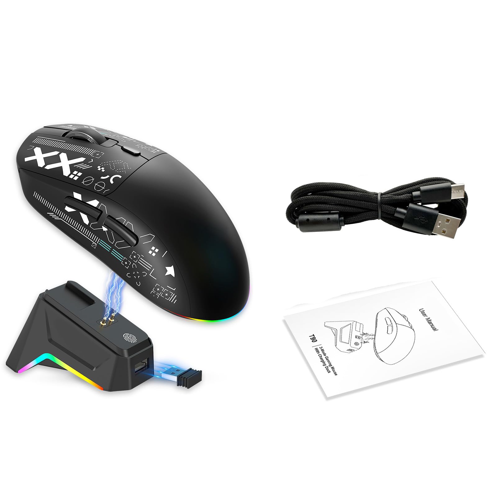 RGB Light Gaming Mouse Wireless with Charging Dock Silent Click Programmable Ergonomic for PC Laptop (Black)