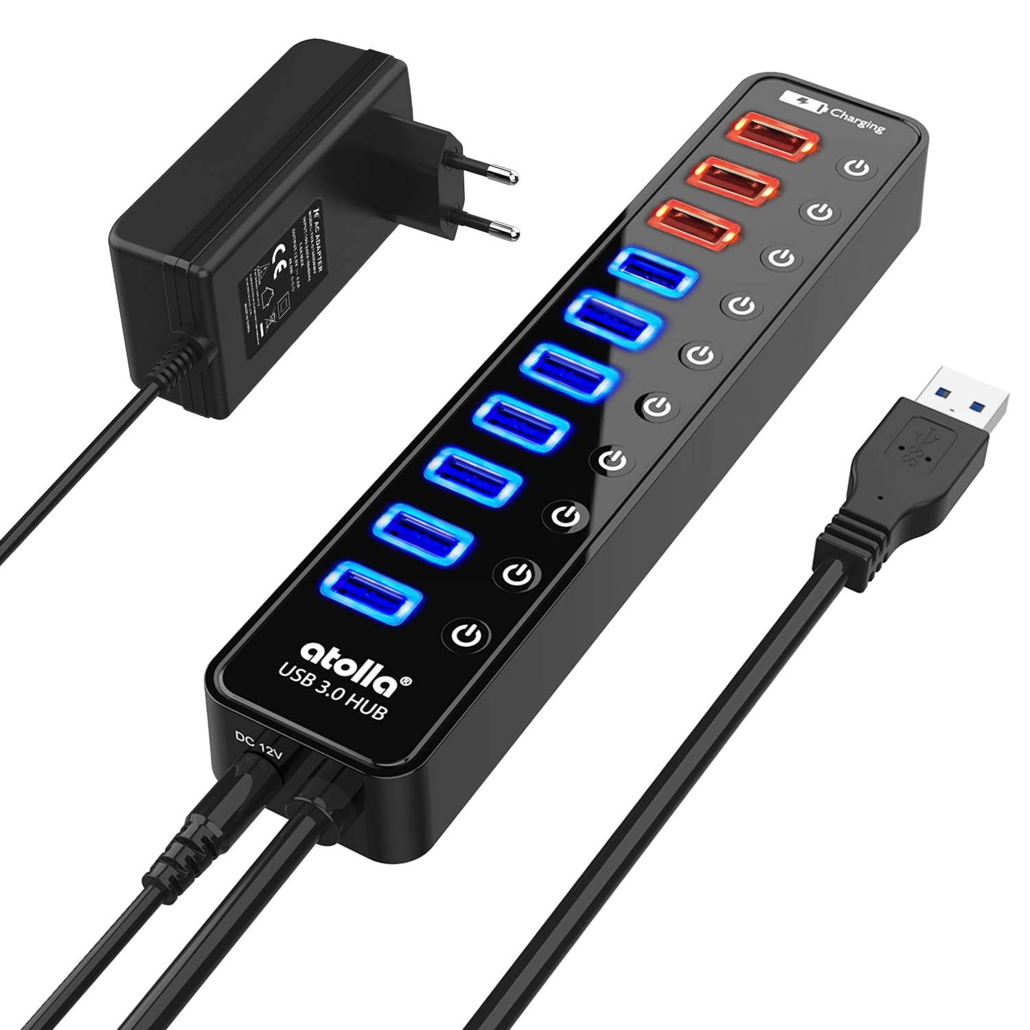 Hub USB 3.0 multipresa, atolla 11 porte Hub USB alimentato AVCE 7 porte trasferimento dati 5 Gbps,4 porte ricarica intelligente e interruttori e LED di alimentazione individuali, adattatore 12 V/4 A