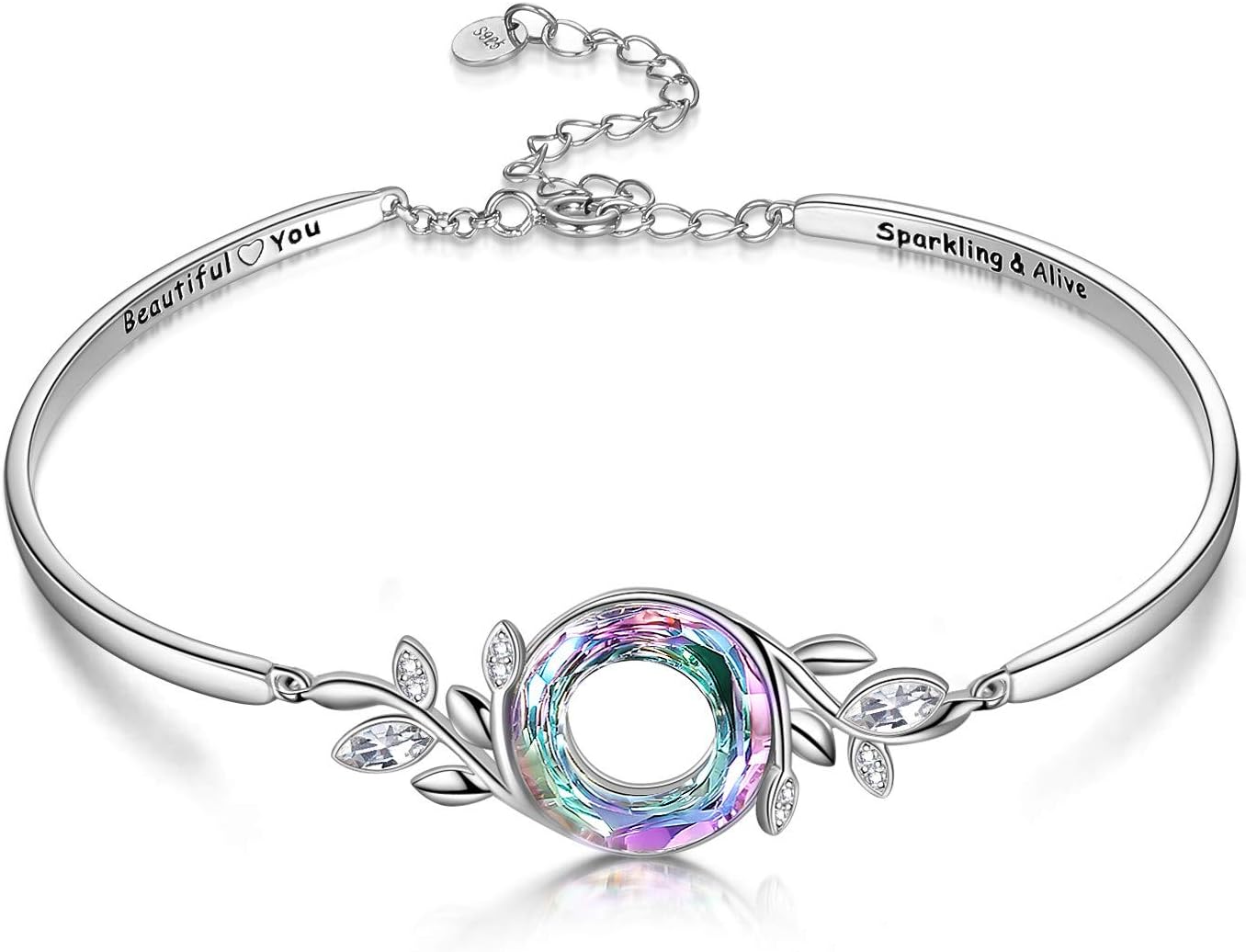 AOBOCO Sterling Silver Bangle Bracelet for Women with Crystal, Inspirational Jewelry Gifts for Her