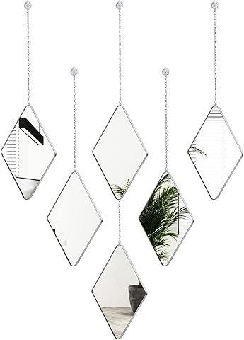 Namalu Set de 6 Espejos en Forma de Diamante con 2 Destornilladores Espejo Colgante con Cadena Espejo Decorativo de Pared con Marco Plateado para Decoración de Entrada Salón Baño, 27,4 cm × 17 cm