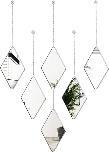 Juego de 6 espejos de decoración de pared con 2 destornilladores, espejo de pared colgante de diamante con cadena y marco plateado, espejo de cadena