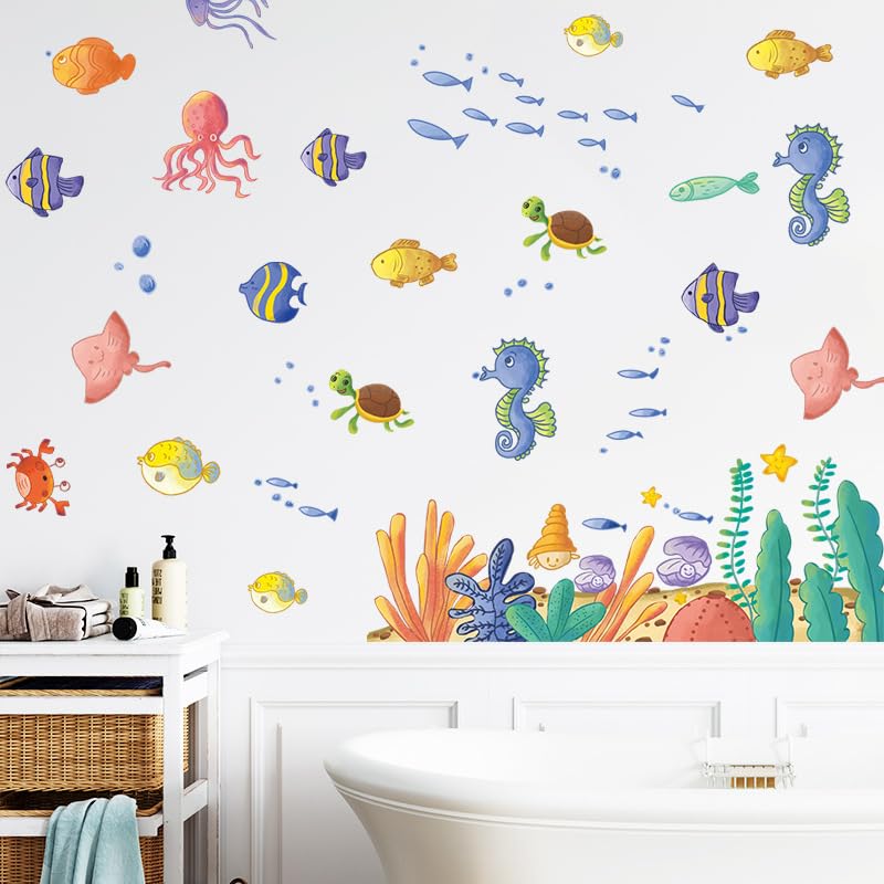Image of Underwater Adventure Fish Seahorses Turtles Wall Stickers for Kids Baby Room Bedroom Playroom Nursery Bathroom Living Room Decor Wall Art Wall Decoration Boho | Sheet 30x90 cm Peel and Stick