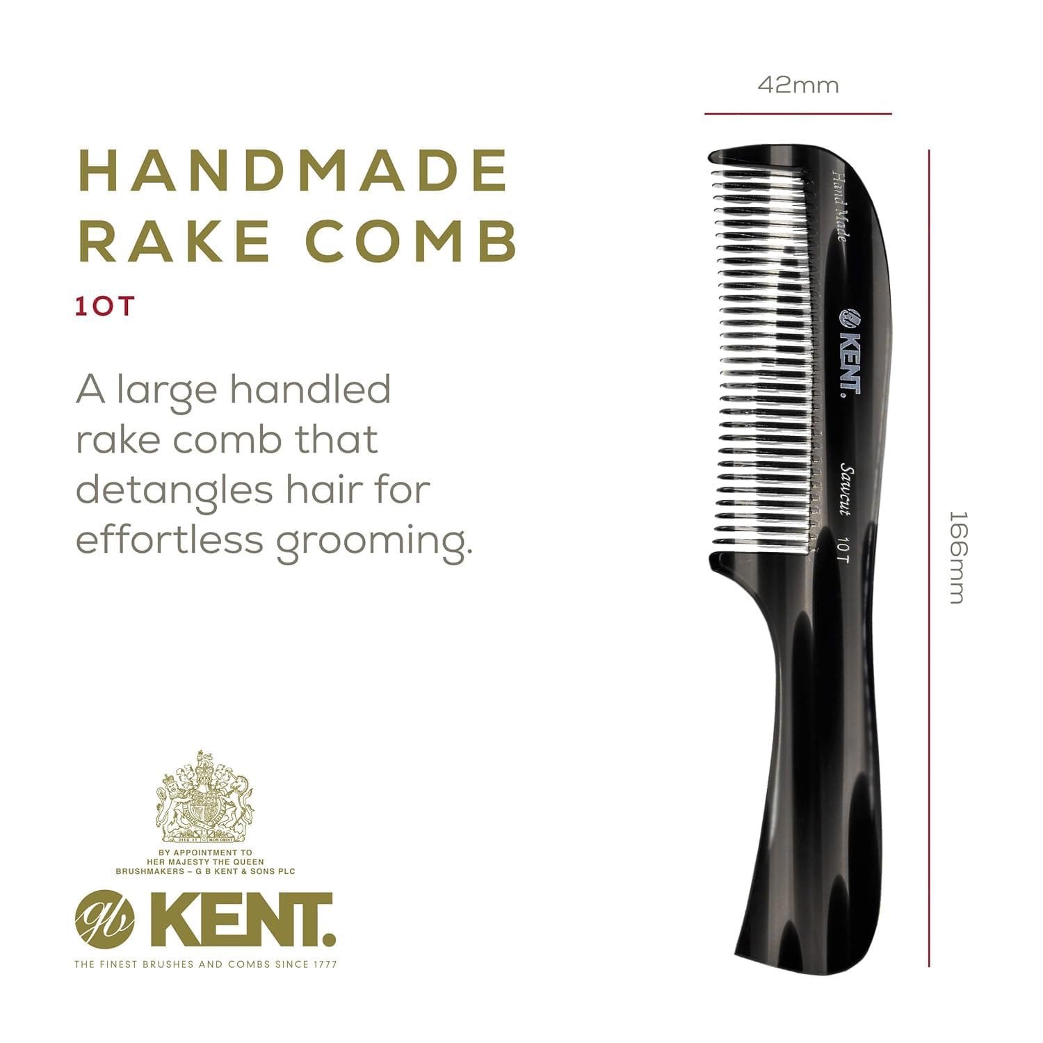 Kent Peigne à dents larges en graphite et écaille de tortue 10T - Peigne démêlant pour cheveux bouclés - Peigne à barbe/peigne démêlant pour homme