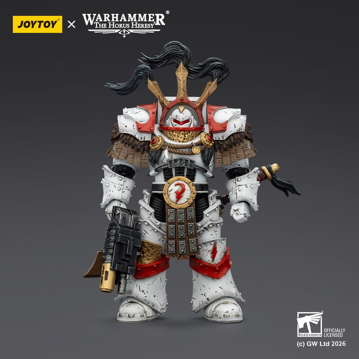 TOYVERSE JOYTOY Warhammer White Scars Praetor in Cataphractii Terminator zbroja z cyber jastrząbem, mieczem chogoriańskim i Combi Melta 1/18 model postaci z ruchomymi przegubami, figurka 15+