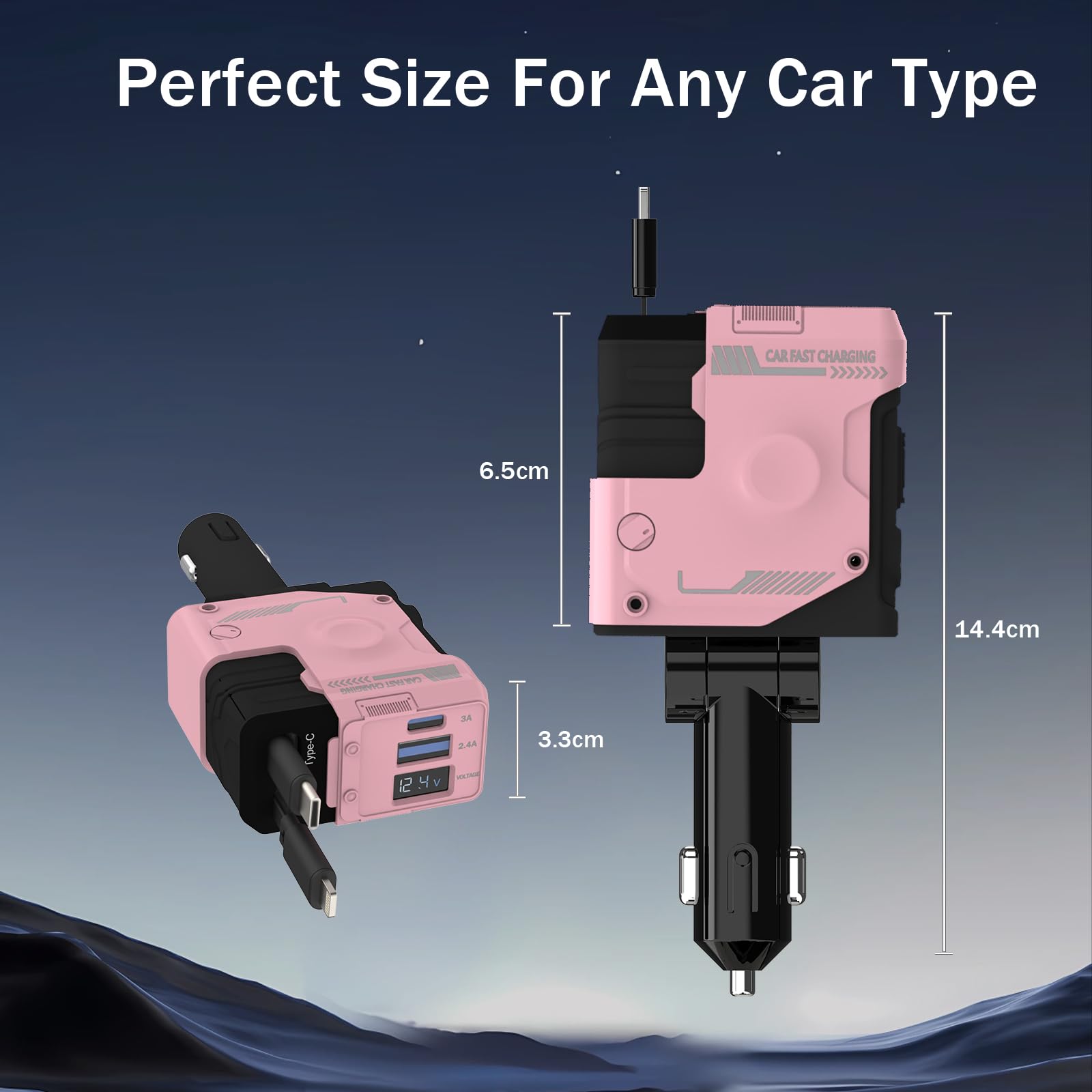 Cargador retráctil para coche, cargador de teléfono retráctil 4 en 1 con carga rápida de 66 W, 2 cables retráctiles y 2 puertos USB-C USB-A compatibles con iPhone 17/16/15/14/13/12, Samsung, Galaxy