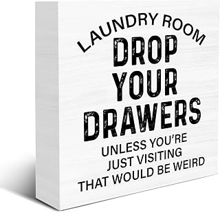 Laundry Sign - Funny Laundry Room Decor Drop Your Drawers Wood Block Sign | Rustic Laundry Wood Box Sign, Farmhouse Decoration for Home Laundry Room Shelf Desk Table, 5×5 Inches