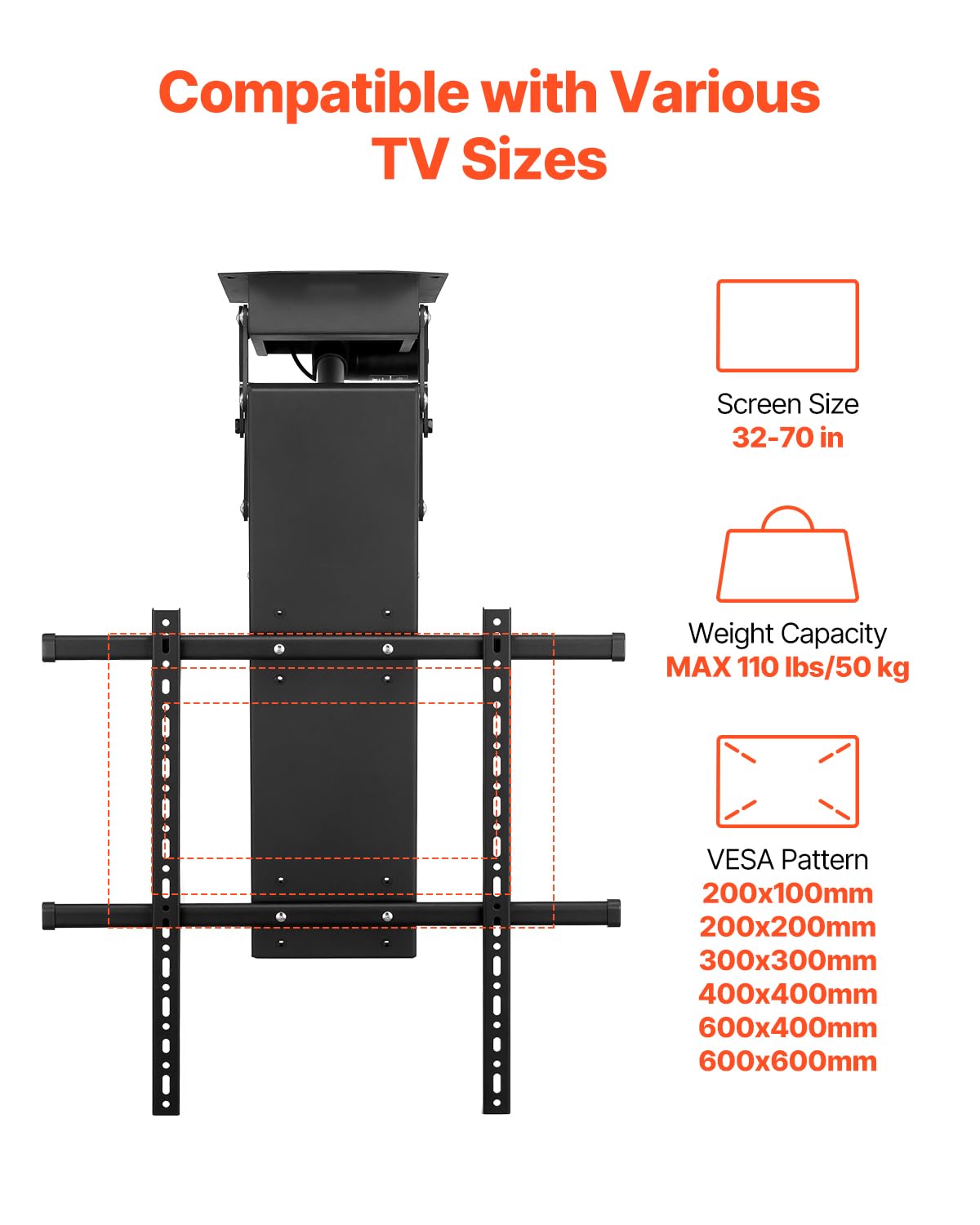 VEVOR Soporte de Techo Motorizado para Televisores de 813 a 1778 mm, Soporte Plegable Ajustable Eléctricamente Compatibilidad Máxima de Montaje VESA de 60 x 60 cm para Televisores de hasta 50 kg