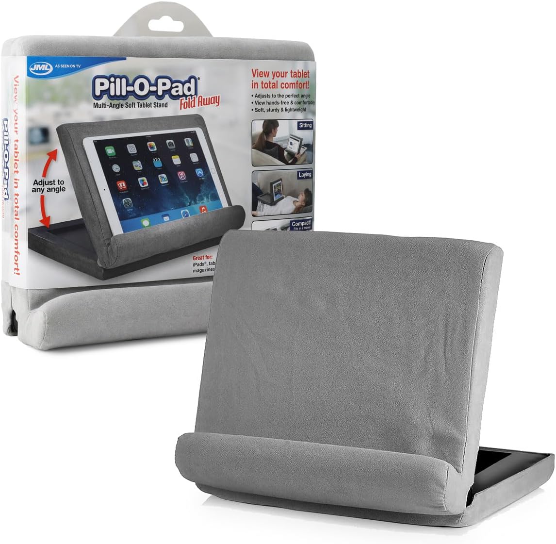 JML Pill-O-Pad Tablet Stand - Tri-Ledge, Lap Mounted, Soft Tablet Holder with Side Pocket - Compatible with iPad, Kindle and More, Sturdy and Lightweight, for Women & Men - Dark Grey